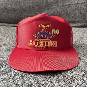 Vintage Suzuki Hat SnapBack Red USA O'Neal RG Nylon Trucker 1980s